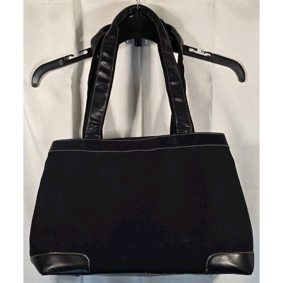 Vintage Liz Claiborne Black Double Strap Red Lining Faux Leather Hand Bag - Picture 1 of 13